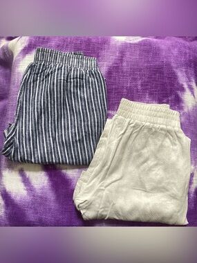 2 Pair Elastic-Waist Linen-Blend Wide Leg Pants - Cream & Navy Stripe